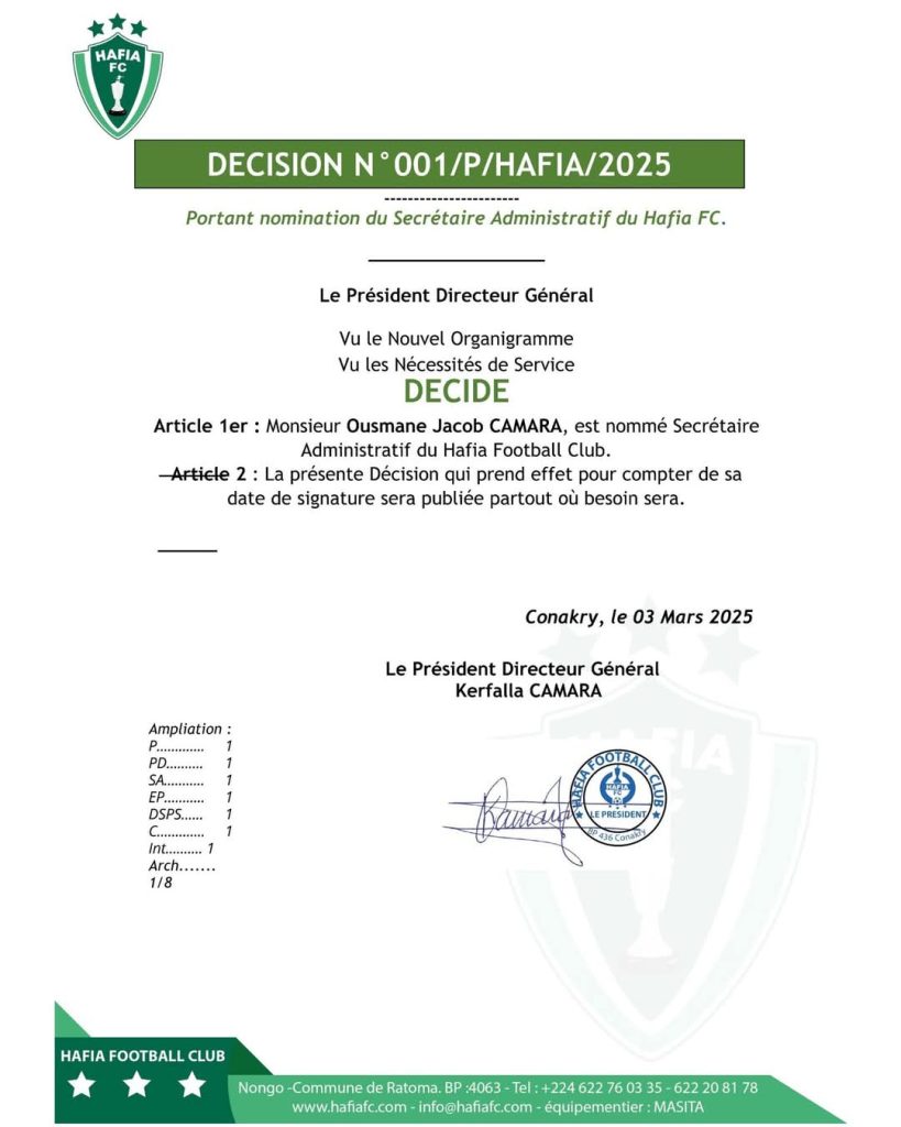Guinée : Hafia FC nomme un nouveau secrétaire administratif après un décès
