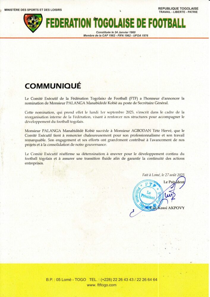 Togo : Changement de Secrétaire Général à la Fédération de Football