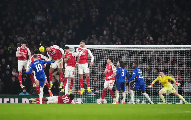 Arsenal’s Gabriel (third left) blocks a free-kick by Chelsea’s Cole Palmer 