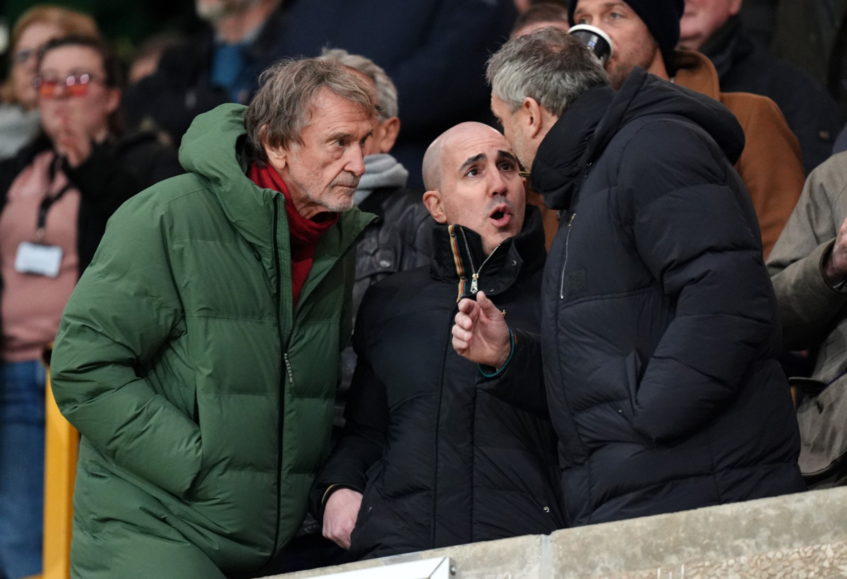 Manchester United co-owner Sir Jim Ratcliffe in discussion with chief executive Omar Berrada (centre) and technical director Jason Wilcox 