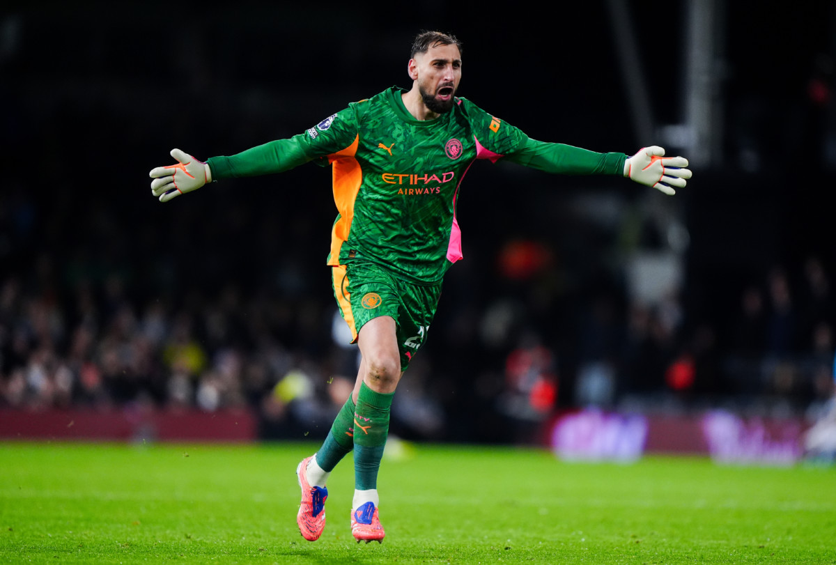 Manchester City goalkeeper Gianluigi Donnarumma celebrates a his team scoring a goal