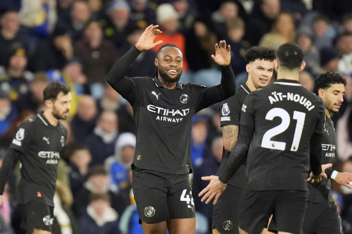Manchester City’s Antoine Semenyo celebrates after scoring